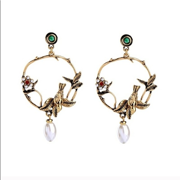 ✨🌟✨Green Crystal Vintage Insp Bird Twig Hoops - Picture 4 of 8